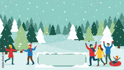 Happy family and friends enjoying winter activities in a snowy forest scene
