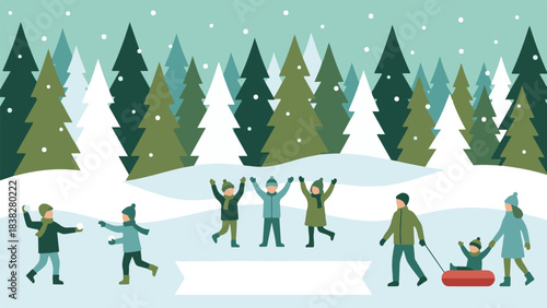 Flat illustration of people enjoying winter activities in a snowy forest