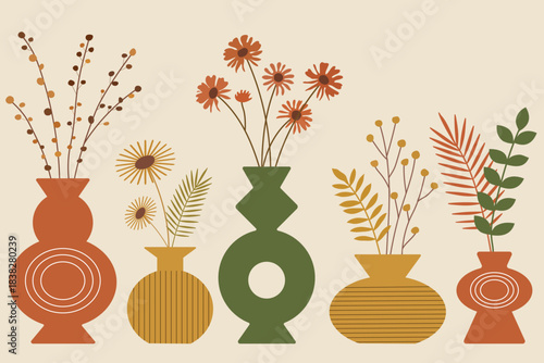 Modern minimalist vector illustration with decorative vases and stylized flowers in warm earthy colors.