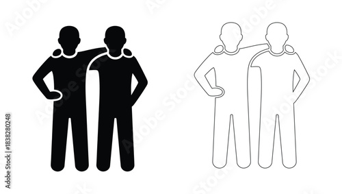 Friends hugging icons, outline and solid minimal companion vector set
