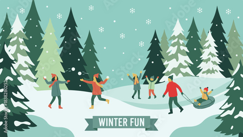 Winter fun in a snowy forest with children and adults playing