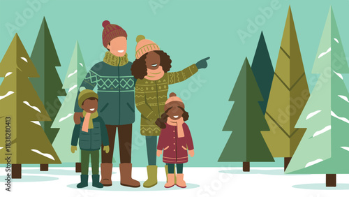 Happy diverse family enjoying winter in a snowy forest with pine trees