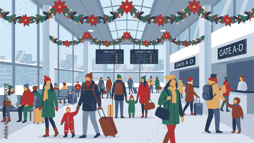 Winter Holiday Travel Scene at a Busy Airport Terminal