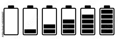 Battery Charge Level Indicator Set. Simple battery icons representing various charge levels, from empty to full. Ideal for energy, technology, or power related concepts. PNG and Vector illustration