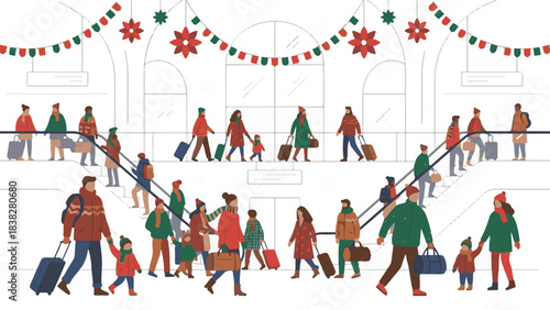 Winter holiday travel scene with people and luggage in festive station