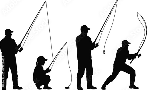 Silhouette vector of people fishing in various poses with rods, showing outdoor activity, sport, hobby, and dynamic motion scenes