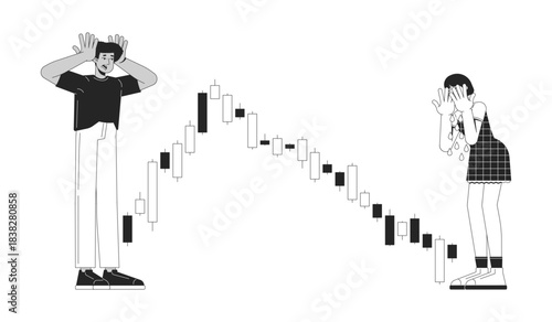 Pump and dump line illustration concept. Emotional trading. Investors crying and shocked to market crash with falling candlestick chart outline 2D characters isolated. Ink linear metaphor vector art