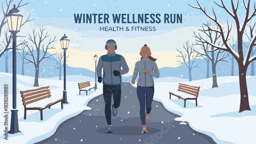 Couple jogging in a snowy park, winter wellness run for health and fitness