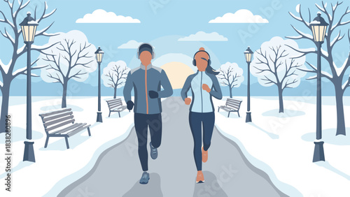 Couple jogging in a snowy winter park, staying active outdoors