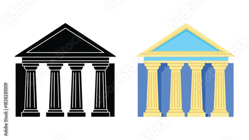 Classical building facades with columns in contrasting color schemes