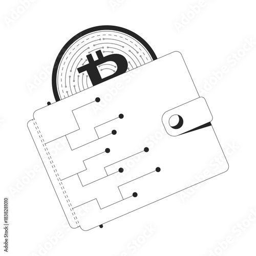 Bitcoin digital wallet with cryptocurrency coin 2D line object. Crypto storage. Online money. Fintech e-wallet. BTC peeking out isolated clipart vector ink outline item. Monochrome spot illustration
