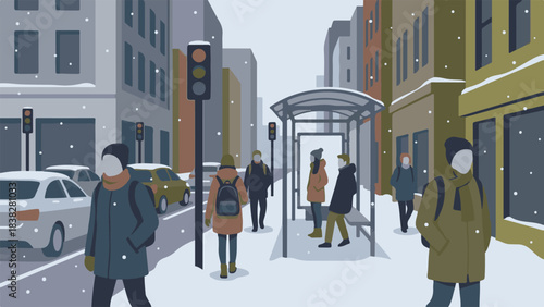 Urban Winter Scene with People Walking and Waiting at a Bus Stop