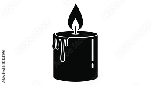 A simple black and white illustration of a lit candle with a dripping wax side