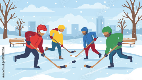 Outdoor winter ice hockey game with four players in a snowy park