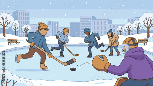 Kids playing ice hockey on an outdoor rink in a snowy urban park
