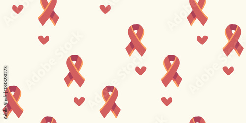 Hand-drawn AIDS awareness ribbon pattern with hearts in warm tones