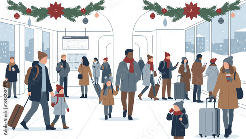 Winter holiday travel scene with diverse passengers at a busy transport hub