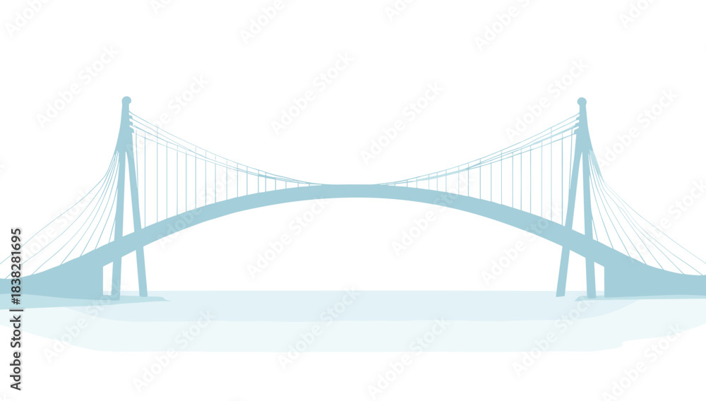 Fototapeta premium Light blue abstract suspension bridge over calm water, bridge with hanging cables