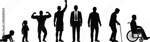 Human life stages silhouette from baby to elderly man, aging process, development timeline, growth concept, vector illustration for education