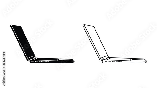 A simple black and white illustration of two open laptops side by side