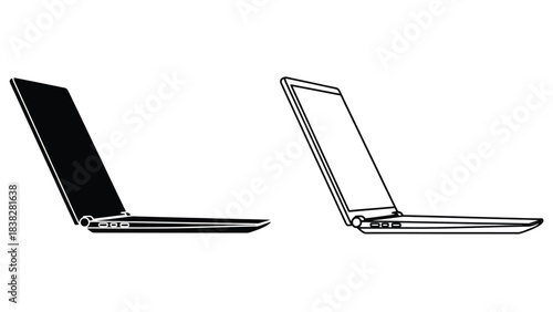 Two laptop outlines one dark and one white display open devices