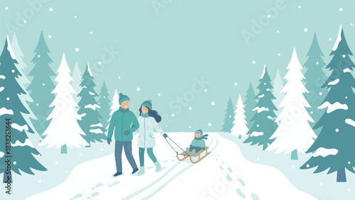 Family walking in winter forest with child on sled, snowy landscape illustration