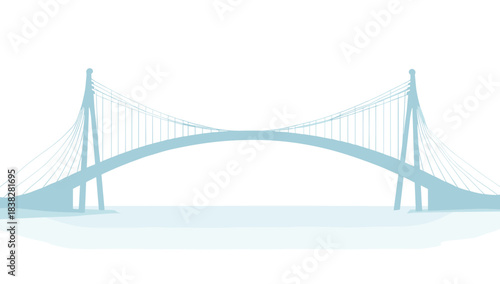 Light blue abstract suspension bridge over calm water, bridge with hanging cables