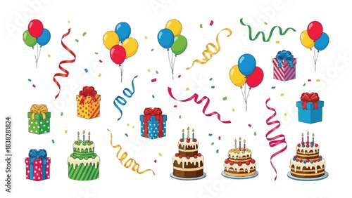 Festive Elements: A vibrant display of colorful balloons, shimmering ribbons, and beautifully wrapped gifts adorn the scene, with mouthwatering birthday cakes to bring the happy days. 