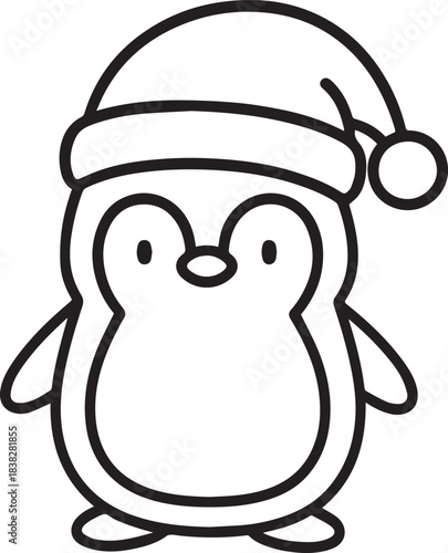 Cute Penguin with Santa Hat Line Art Vector Icon. Simple Winter Holiday Outline Symbol. Modern Christmas Decoration, New Year, and Festive Sticker Design Element. Clean Penguin Graphic.