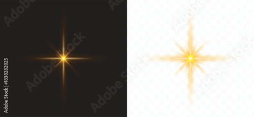 Golden star light effect with glowing rays and lens flare