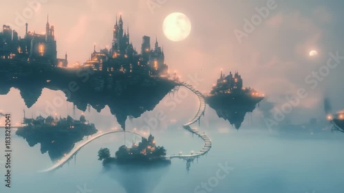 Fantasy floating islands with architectural structures at sunset or sunrise