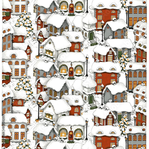 seamless pattern with snow christmas town. illustration for wrapping Christmas gifts