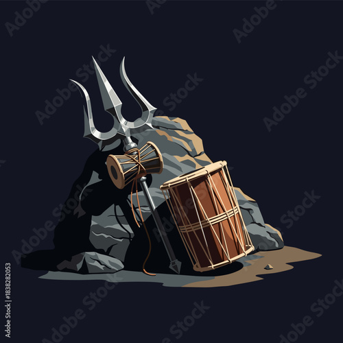 Metal trident, symbolic of Lord Shiva, leans against rocks with a damaru