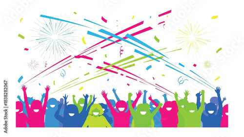 Celebration in Color: A vibrant celebration unfolds, marked by confetti and fireworks against a cheerful crowd of jubilant attendees, creating a dynamic visual experience of joy and festivity.