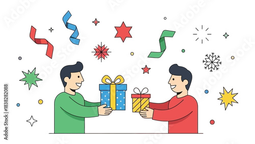 Exchange of Gifts: A scene of camaraderie as one individual extends a vibrant gift box towards another in a celebratory gesture, symbolizing generosity and shared joy.