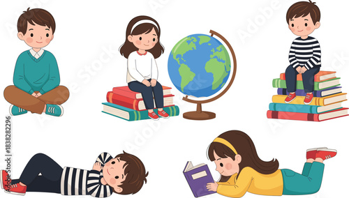 Cute diverse children sitting, reading, and studying around a world globe and colorful stacked books, illustrating a concept of education and learning