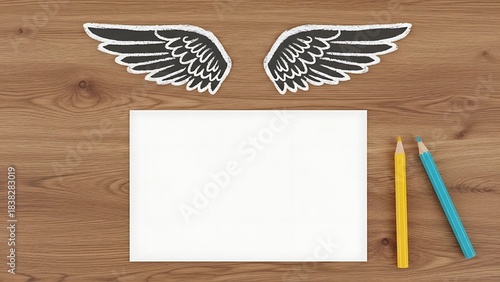 Creative Workspace with Angel Wings and Blank Notepad on Wooden Surface.