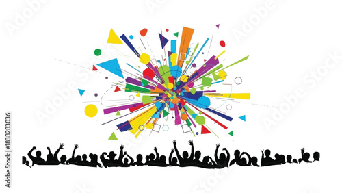 Celebration of Bursting Colors: An illustration capturing the dynamic energy of a lively event, as a crowd of silhouettes celebrates below a vibrant explosion of colorful shapes.