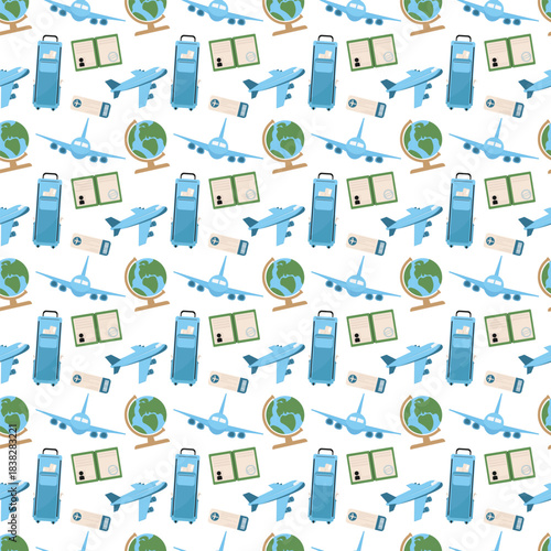 Aviation trip seamless pattern with luggage, passport, globe, boarding pass, airplane for packaging
