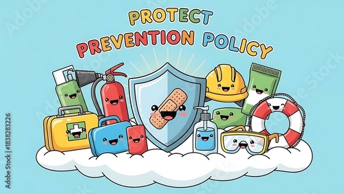 Cute Safety and Prevention Policy Cartoon Illustration with Smiling Objects.