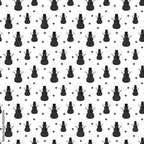 Monochrome snowman seamless pattern on white. Repeating snow figure of black snowman