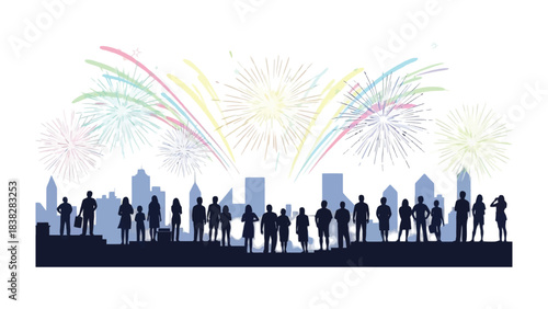 Cityscape Celebration: A silhouetted crowd gathers, eyes fixed on the sky ablaze with celebratory fireworks, a vibrant spectacle illuminating a bustling cityscape.
