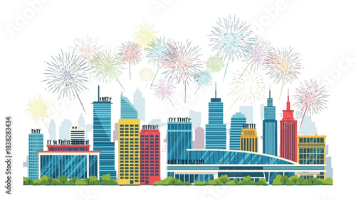 Urban Fireworks: A vibrant cityscape comes alive as dazzling fireworks explode in the night sky, illuminating skyscrapers and creating a festive atmosphere.
