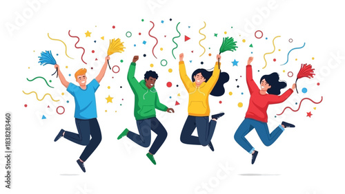 Celebration of Happiness: A vibrant group of people celebrate joyfully, leaping into the air with radiant smiles amidst a shower of confetti and streamers. A picture of pure euphoria!