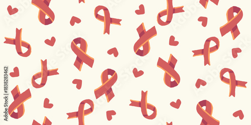 Hand-drawn AIDS awareness ribbon pattern with hearts in warm tones