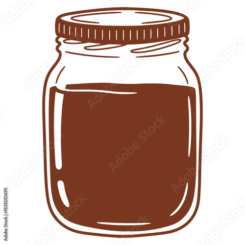 Stylized illustration of a mason jar filled with brown liquid on a white background simple graphic design concept