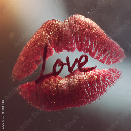 lipstick kiss and love message on foggy window