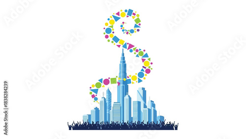 Abstract Cityscape of Imagination: A vibrant and imaginative portrayal of a modern city skyline. An abstract swirl of colorful shapes emanates from a central structure, symbolizing innovation.