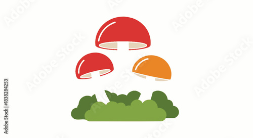 Red and orange mushrooms growing from a green bush