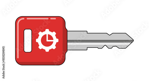 Red digital key with gear and chart icon symbolizing system access and performance management and control
